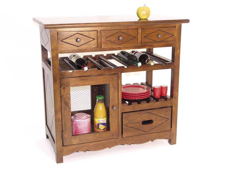 Meuble de cuisine Hévéa 4 tiroirs, 1 porte grillagée, 1 étagère, 1 rack à bouteilles 88,2x50x84cm TRADITION