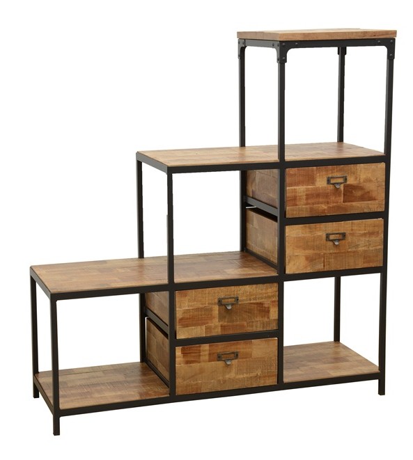 Meuble Escalier Double Faces 4 tiroirs, 4 niches cubes ouvertes en Hévéa recyclé naturel et métal 120x40x128cm LOFT