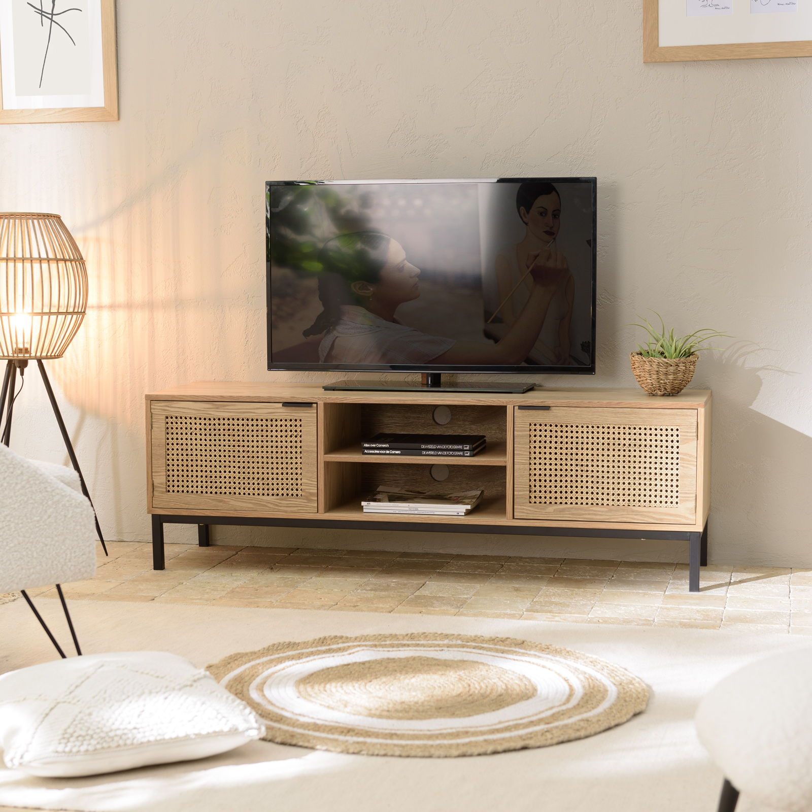 Meuble TV 147 cm 2 portes cannage rotin naturel PALMA