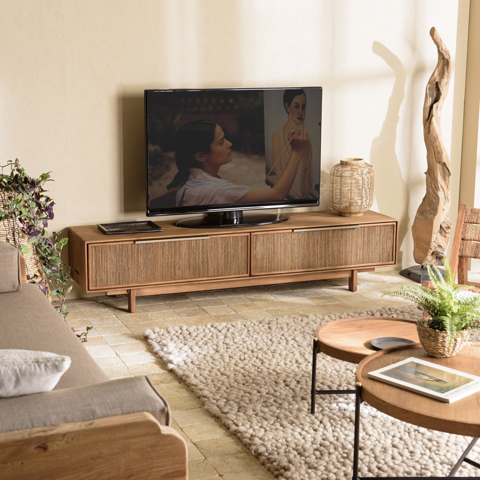 Meuble TV 180 cm en teck recycle 2 tiroirs fibre de coco SWING