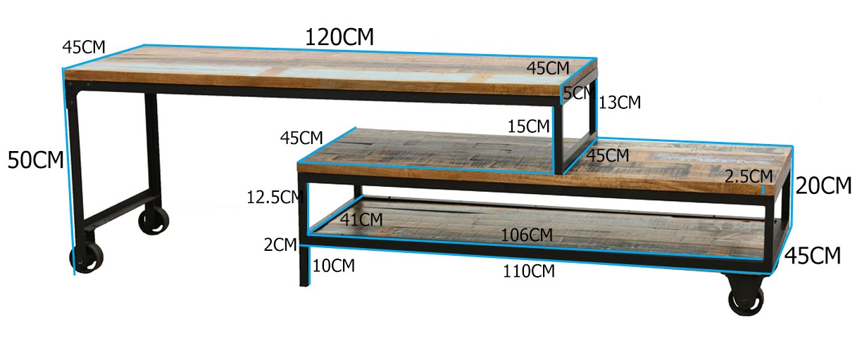 Meuble TV à roulettes en 2 parties, 3 grands plateaux en Hévéa recyclé naturel et métal 120x45x50cm LOFT