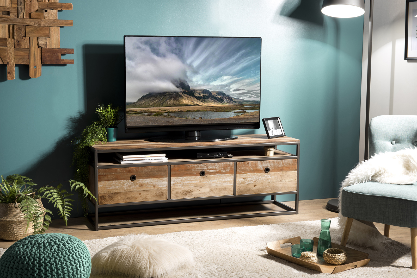 Meuble tv avec rangement teck recyclé SWING