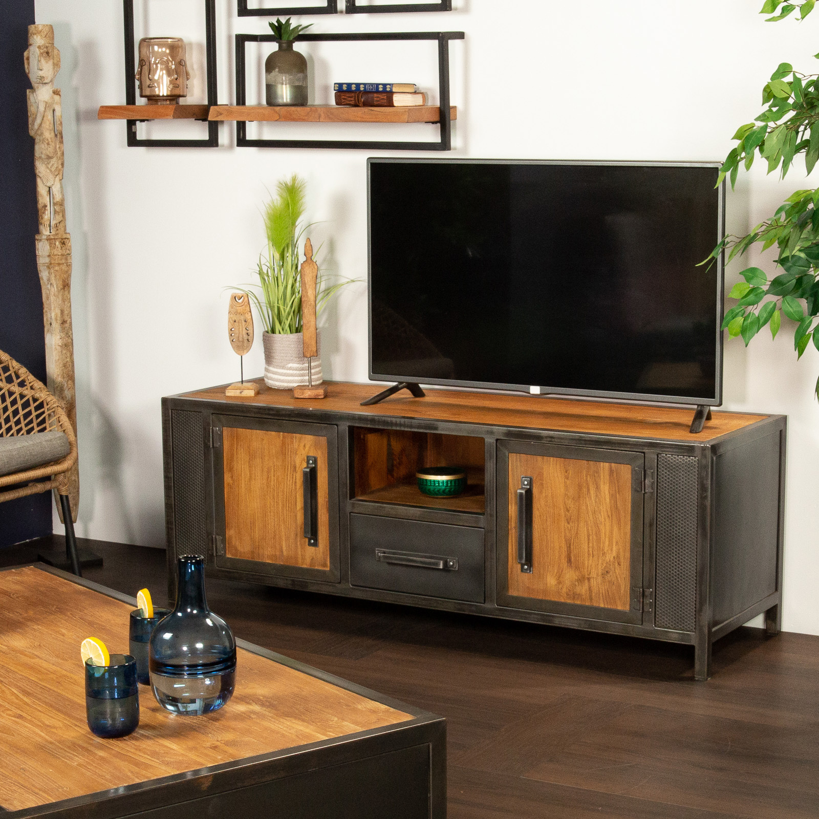 Meuble tv bois recyclé teck métal vieilli CLEVELAND