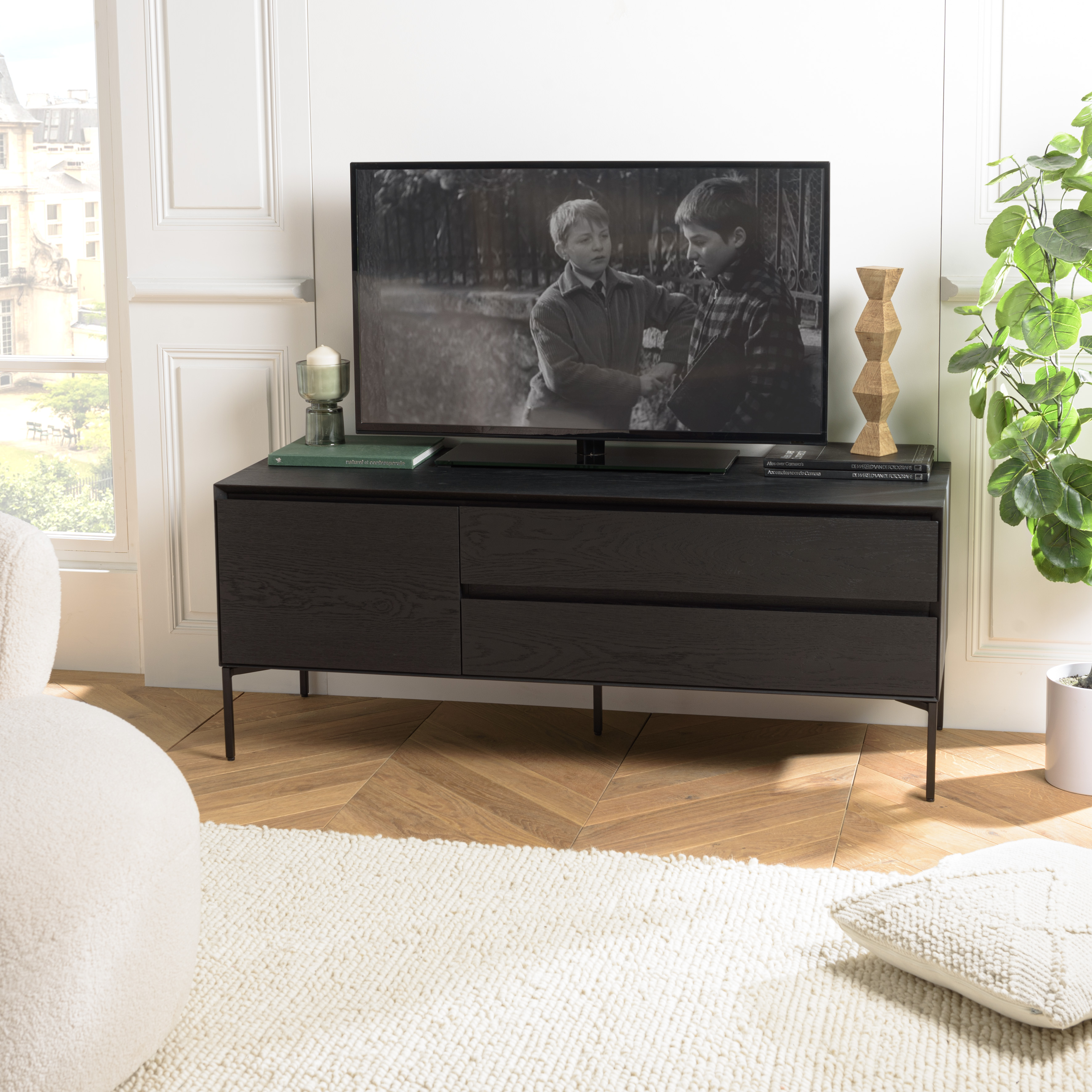 Meuble TV contemporain bois couleur noire 1 porte 2 tiroirs MAYENCE