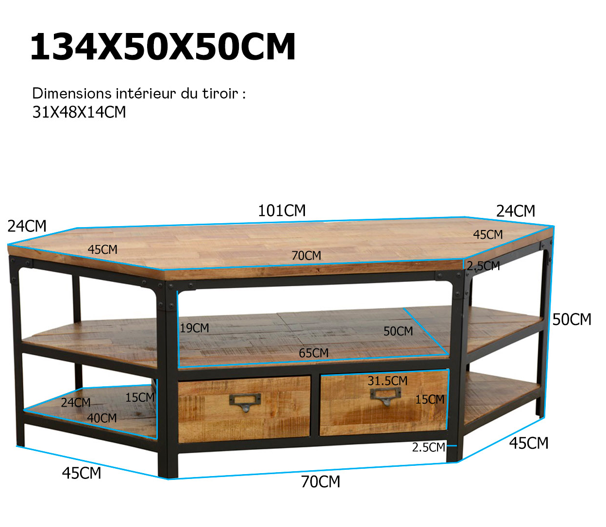 Meuble TV d'angle 2 tiroirs, 3 niches ouvertes dont une grande en Hévéa recyclé naturel et métal 134x50x50cm LOFT