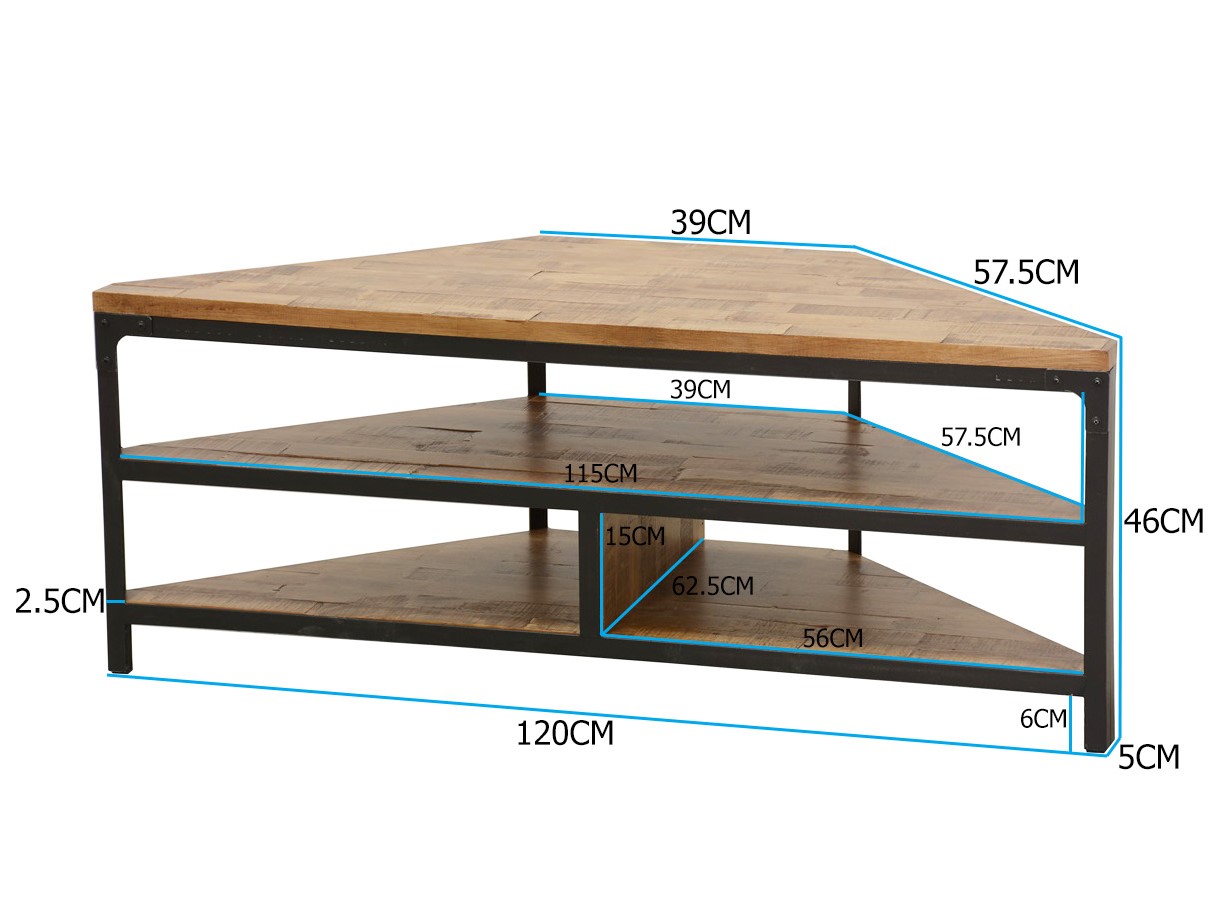 Meuble TV d'angle 3 étages ouverts en Hévéa recyclé naturel et métal 120x46x46cm LOFT