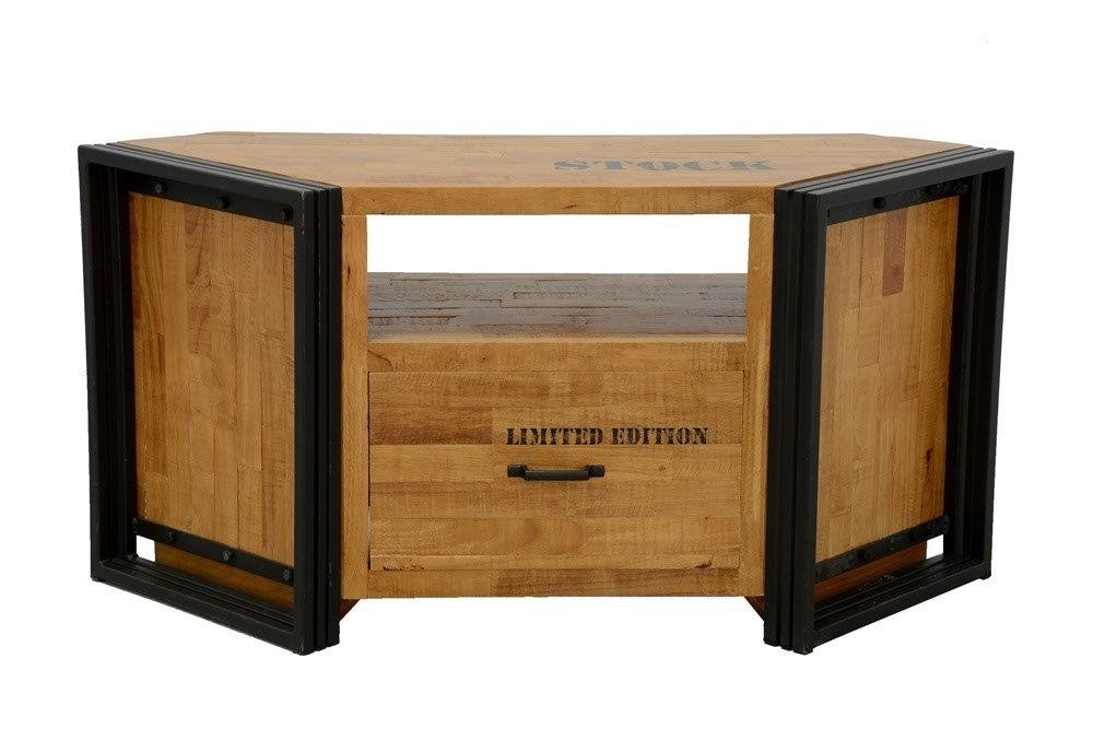 Meuble TV d'angle hévéa recyclé naturel et métal noirci 1 tiroir 1 niche 115X40X55cm DOCKER