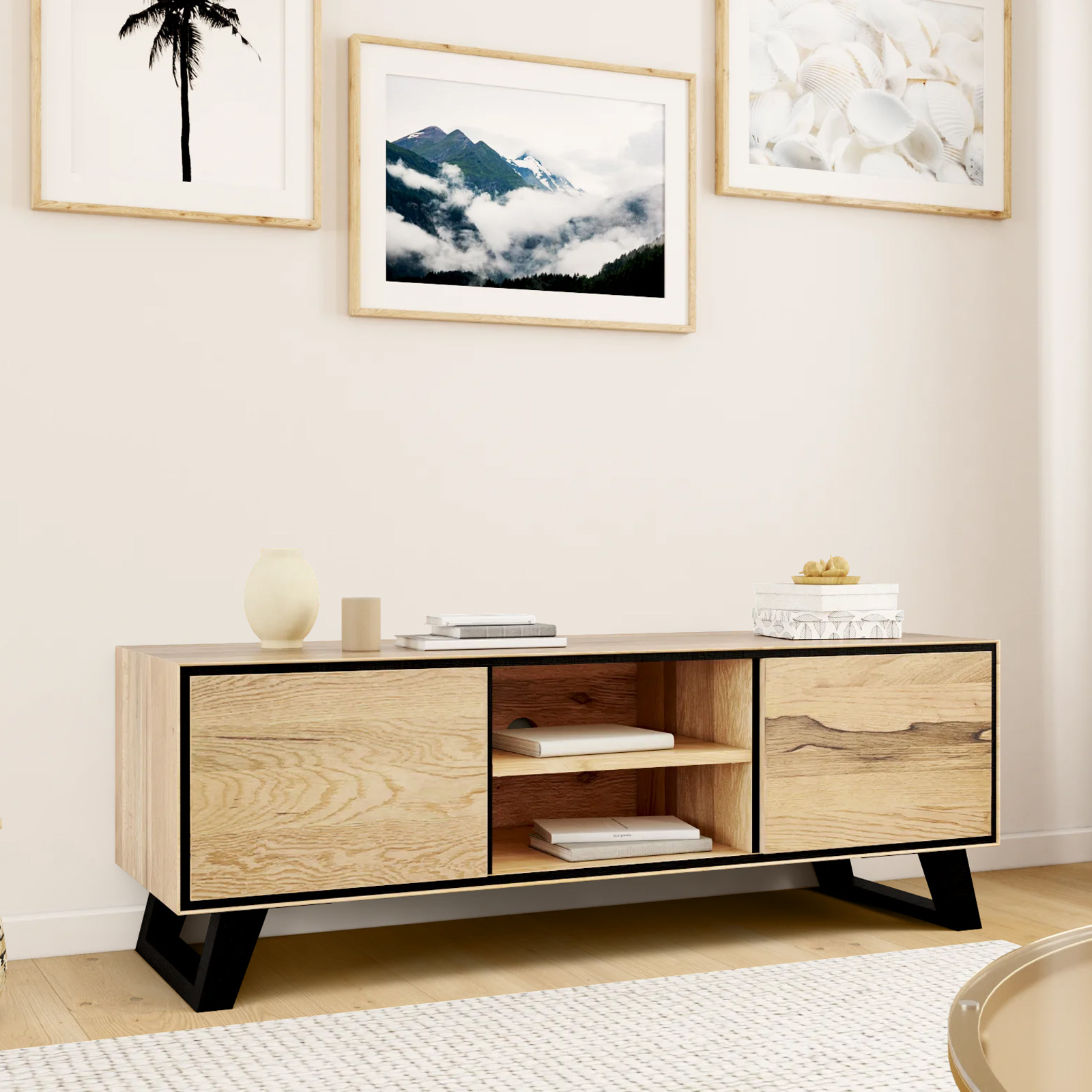 Meuble tv en bois de chêne huilé et pieds obliques PALERME