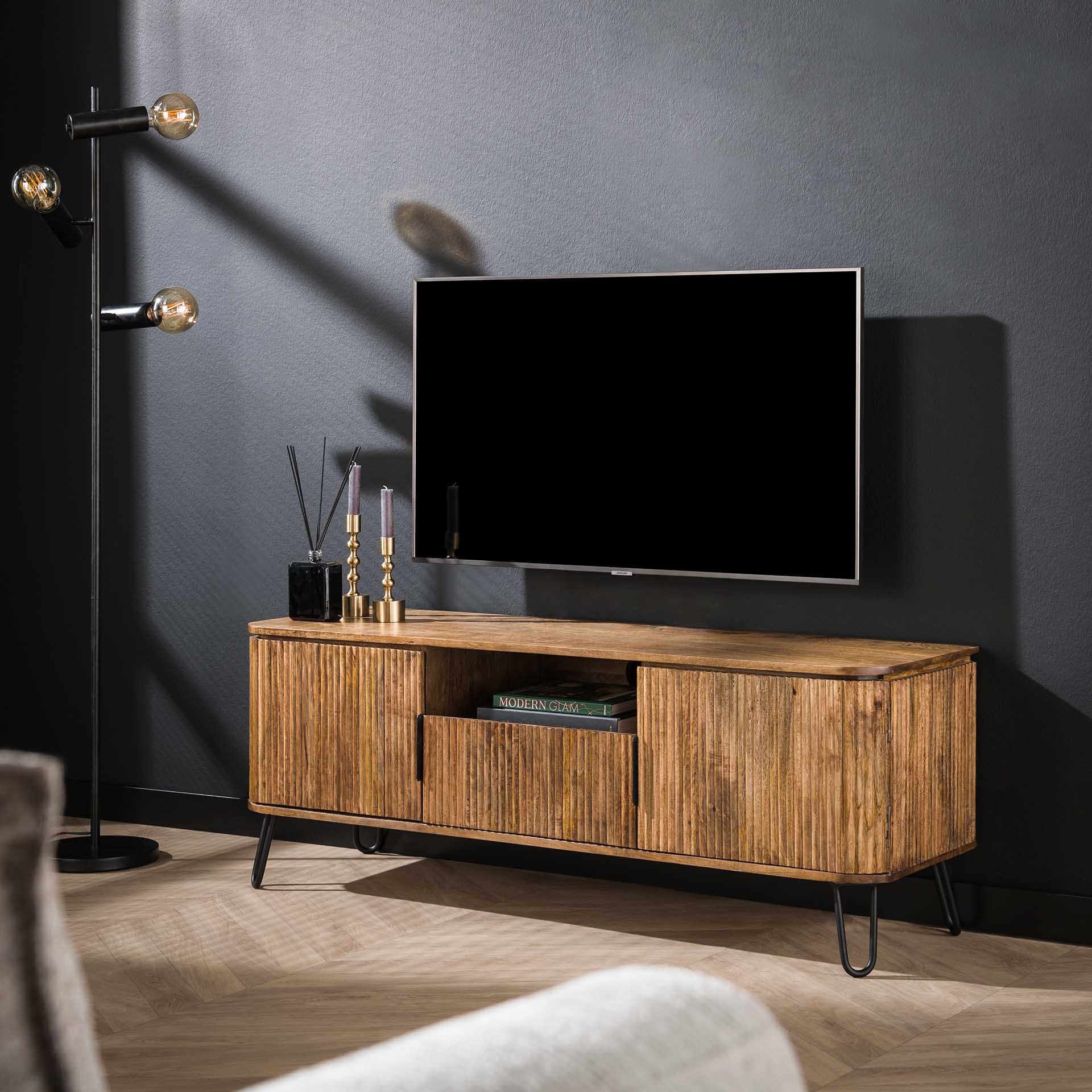 Meuble TV en bois de manguier motif baguette DELHI