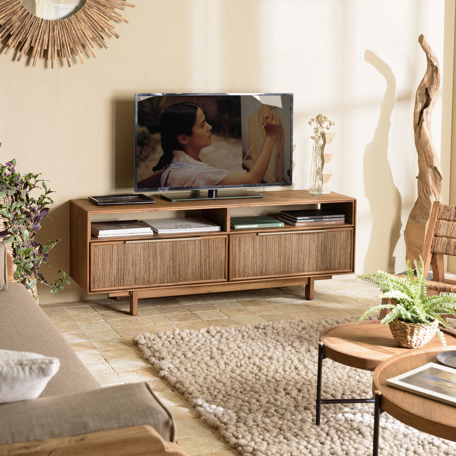 Meuble TV en teck recyclé 150 cm 2 tiroirs SWING