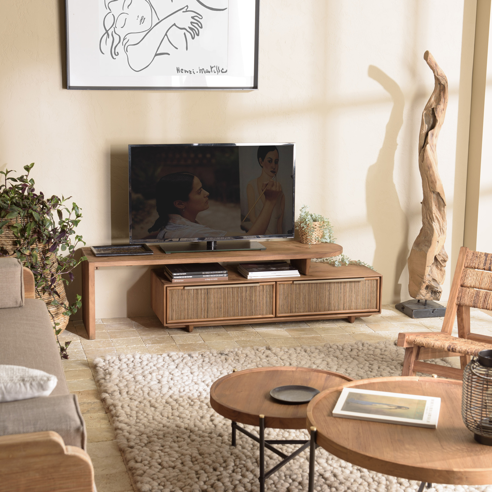 Meuble TV extensible et modulable en teck recyclé 2 tiroirs SWING