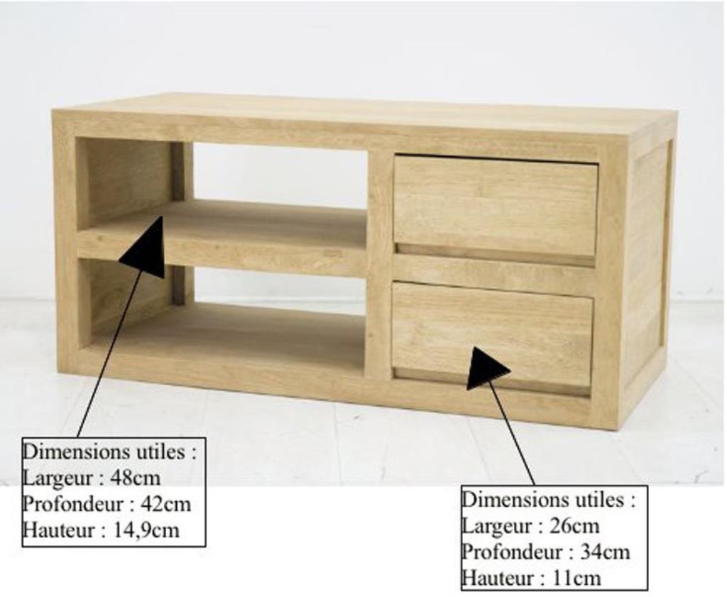 Meuble TV hévéa 2 tiroirs 90cm OLGA