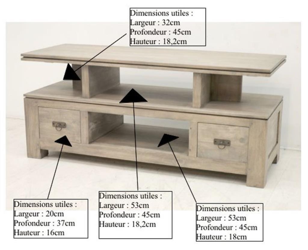 Meuble TV hévéa 4 niches 125x45x58cm HELENA