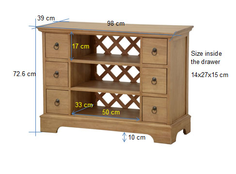 Meuble TV Hévéa 6 tiroirs, 3 niches, fond ajouré effet croisé 98x39x72.6cm MAORI