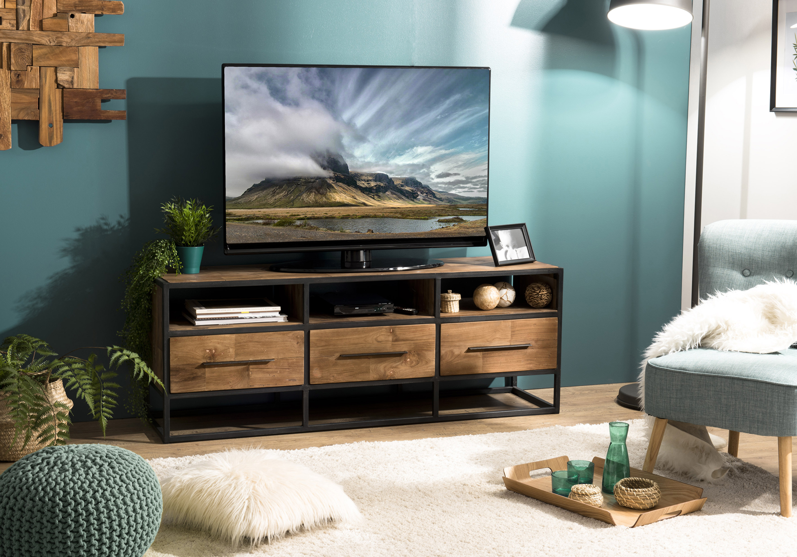 Meuble tv industriel bois recyclé 3 tiroirs SWING