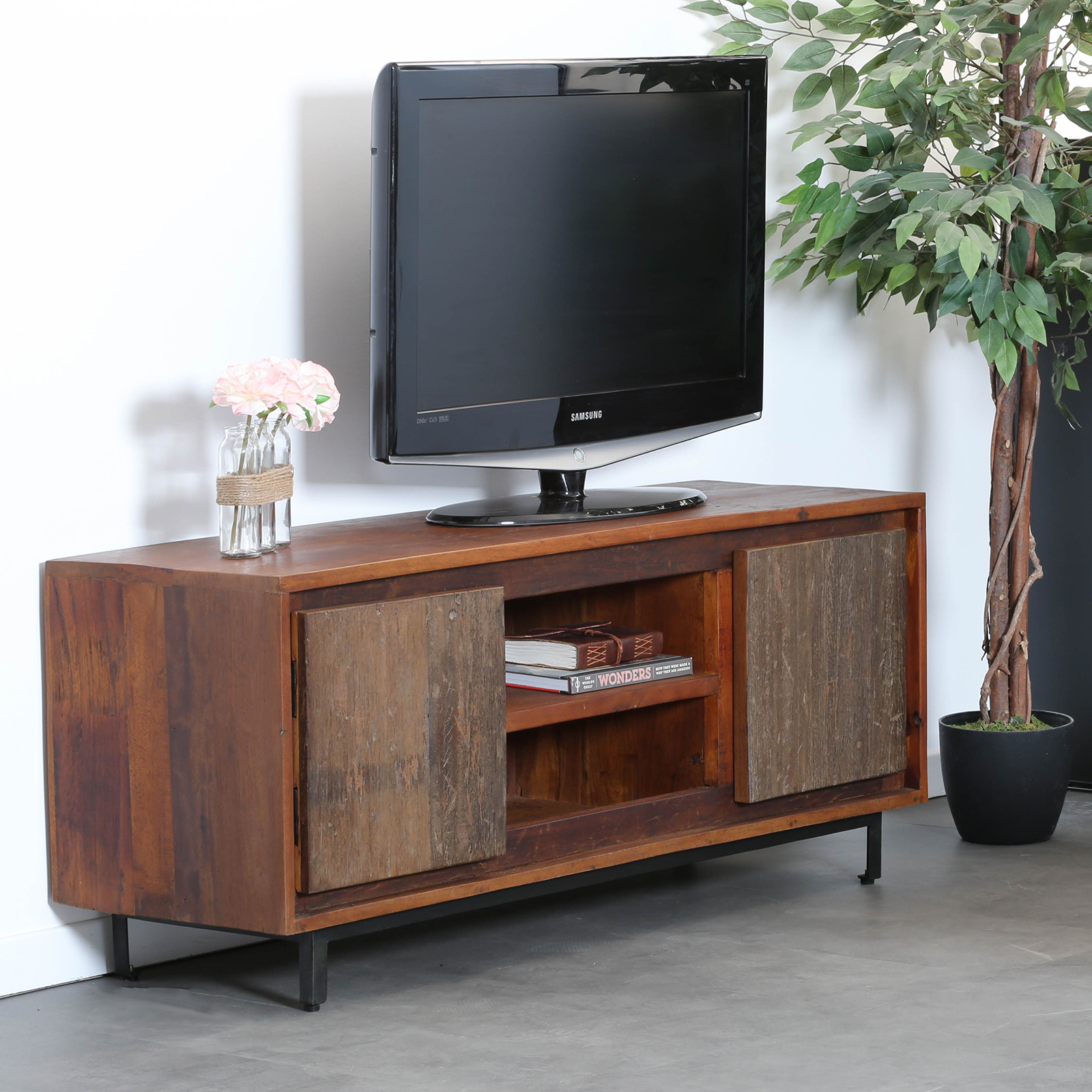 Meuble tv industriel façade bois recyclé brut KOURSK