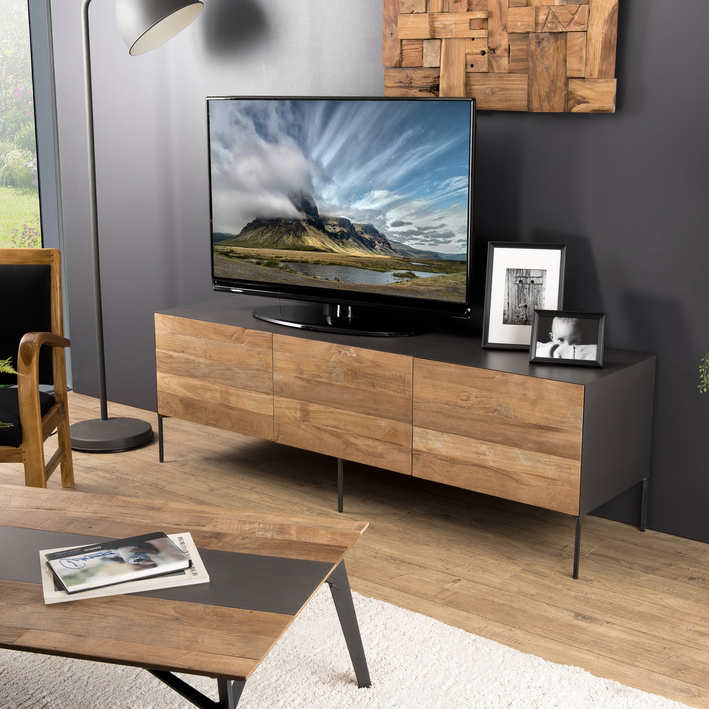Meuble tv moderne teck recyclé 2 portes PANAMA