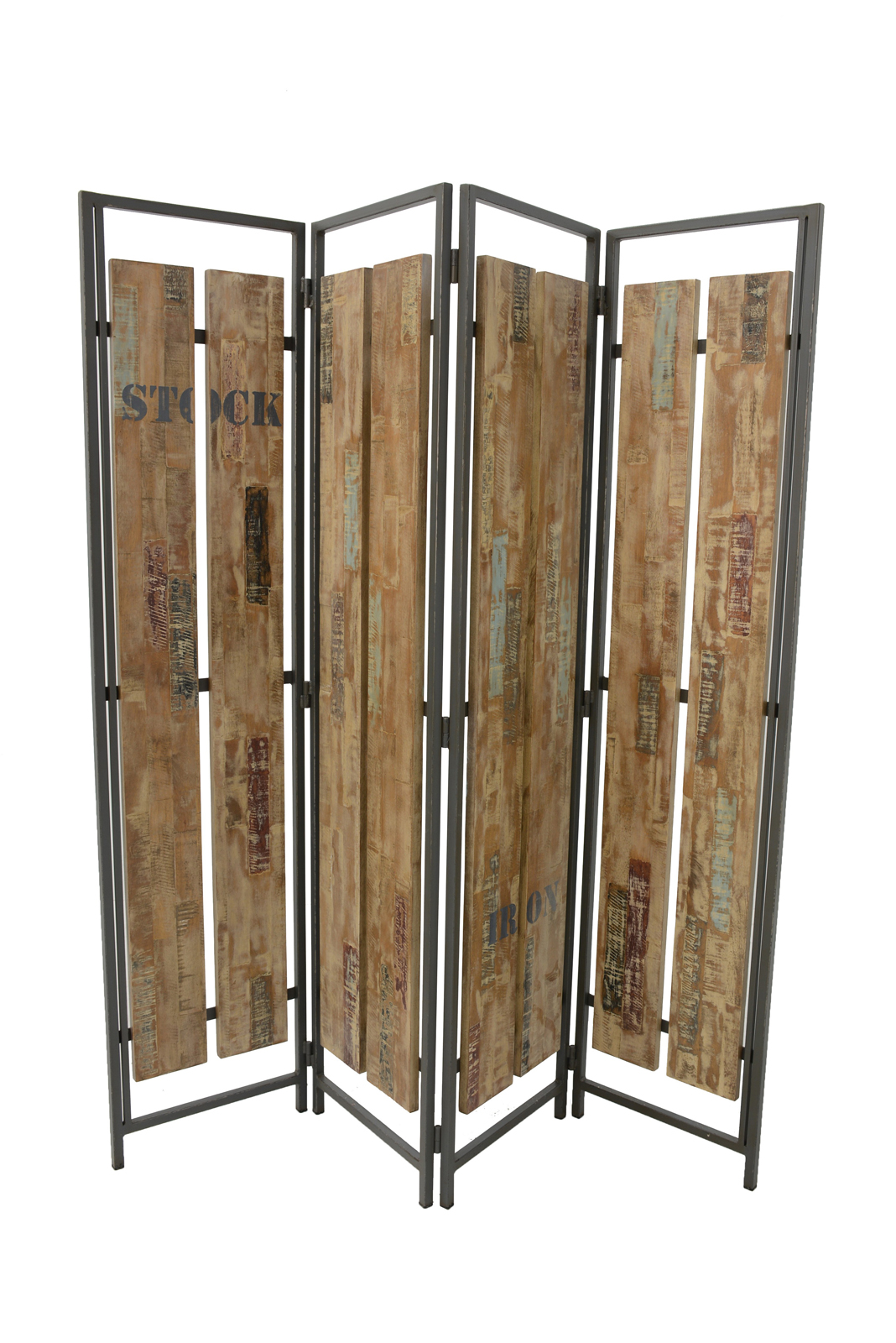 Paravent 4 panneaux hévéa recyclé blanchi et métal noirci 160X170cm DOCKER