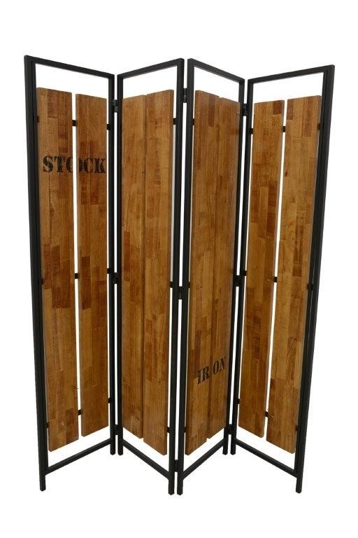 Paravent 4 panneaux hévéa recyclé naturel et métal noirci 160X170cm DOCKER