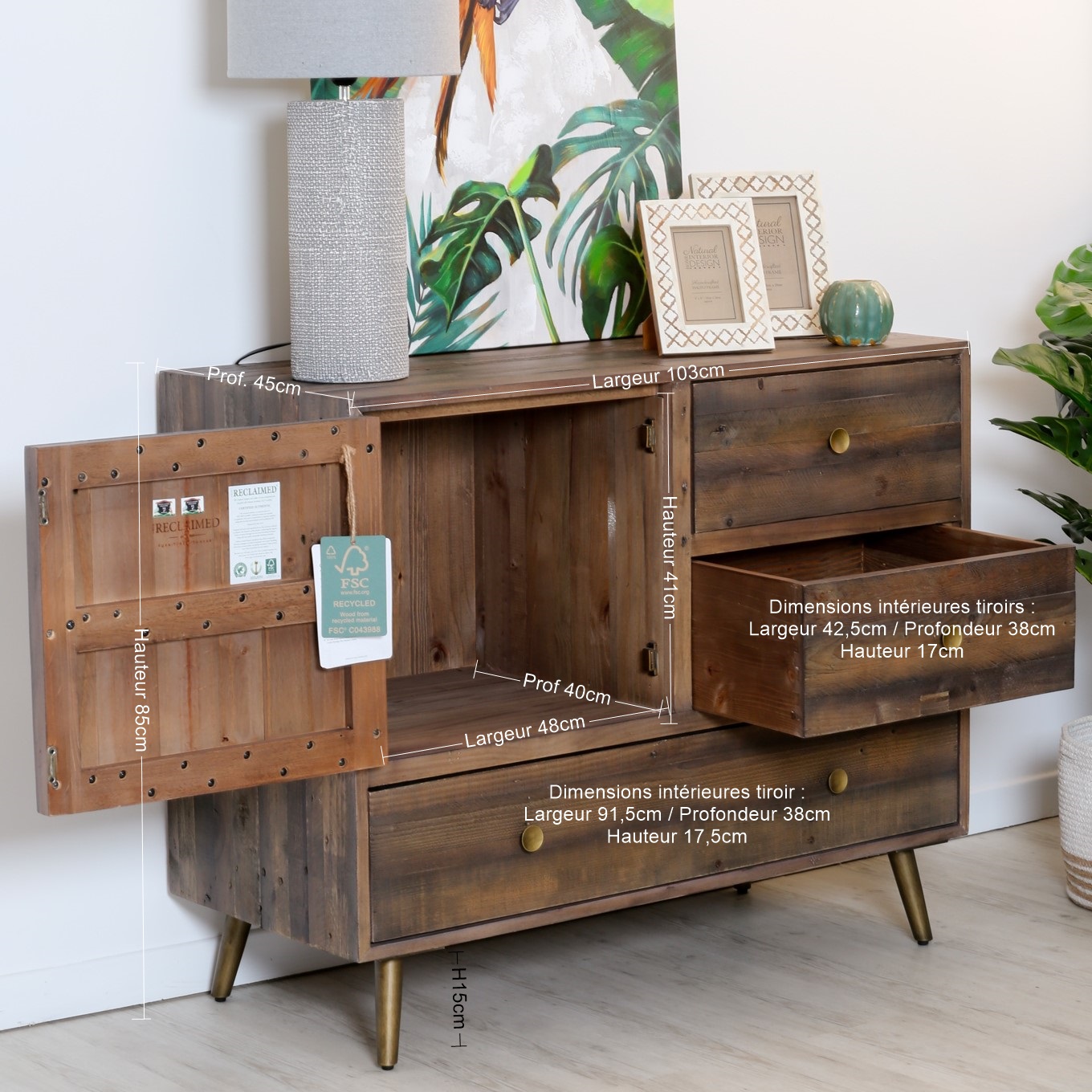 Petit buffet bois recyclé piètement effet laiton vieilli ADÉLAÏDE