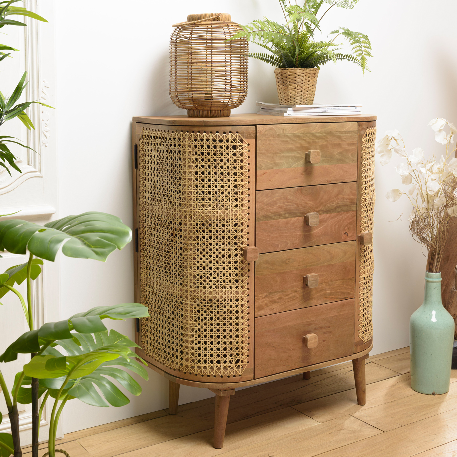 Petit meuble d'entrée en cannage et bois exotique MALAGA