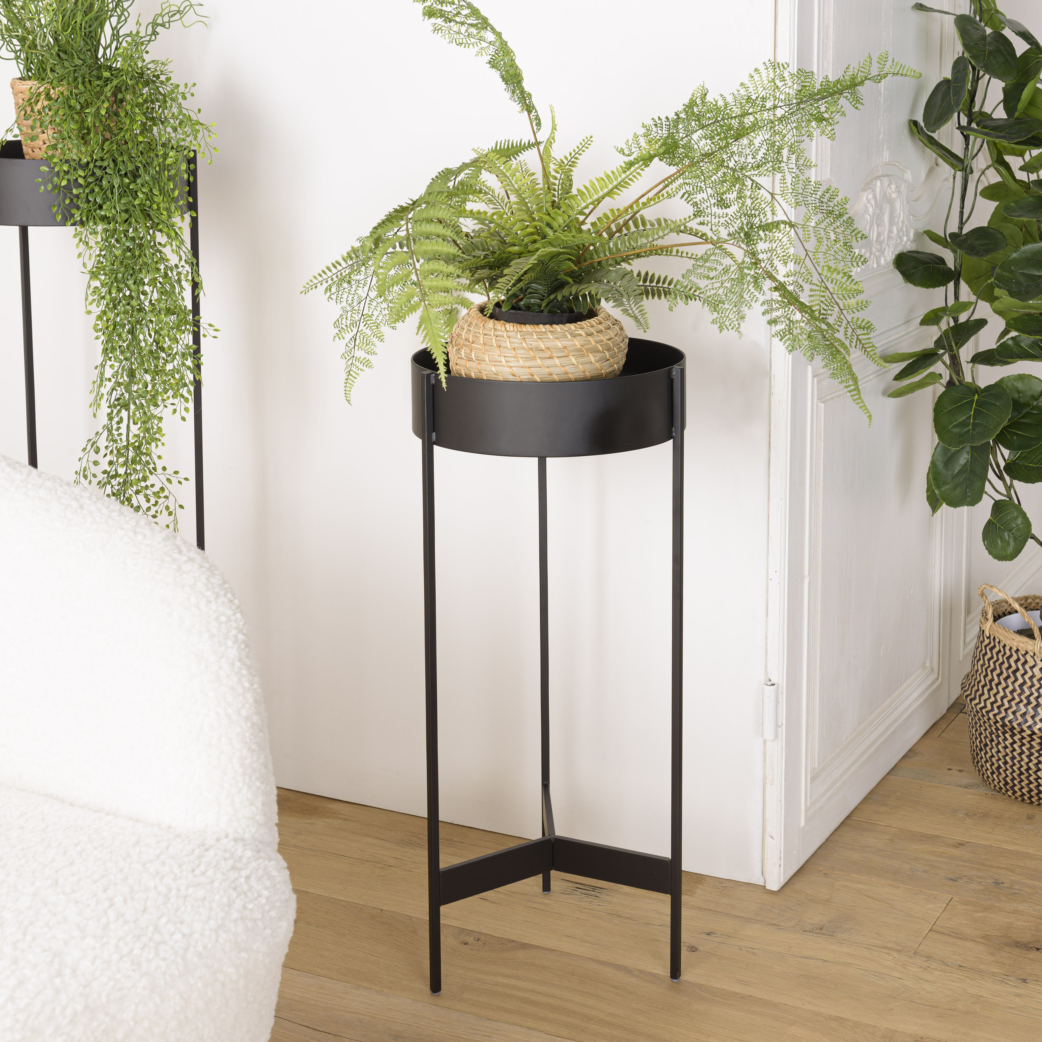 Porte-plante rond bois noir et métal 70 cm CORUMBA
