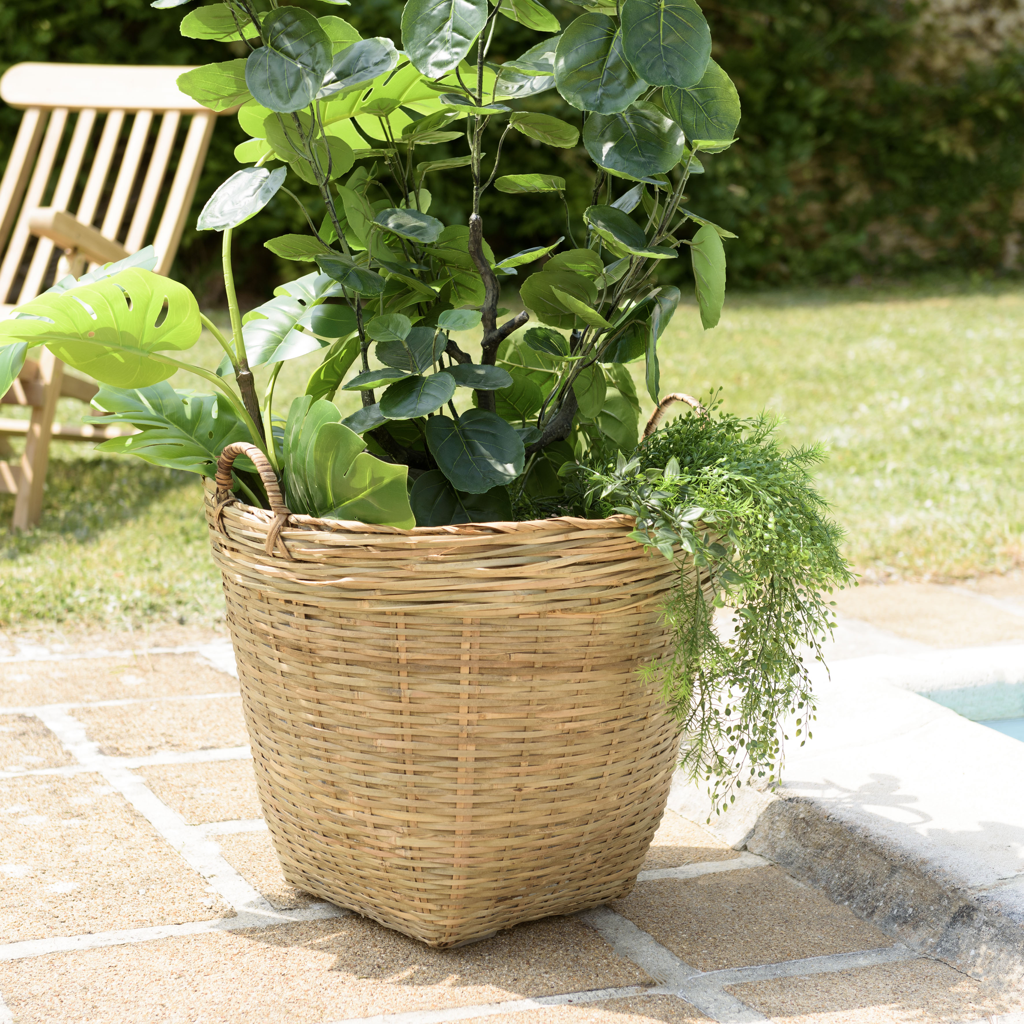 Pot de fleurs rond bambou et béton D60 cm avec anses HERCULE