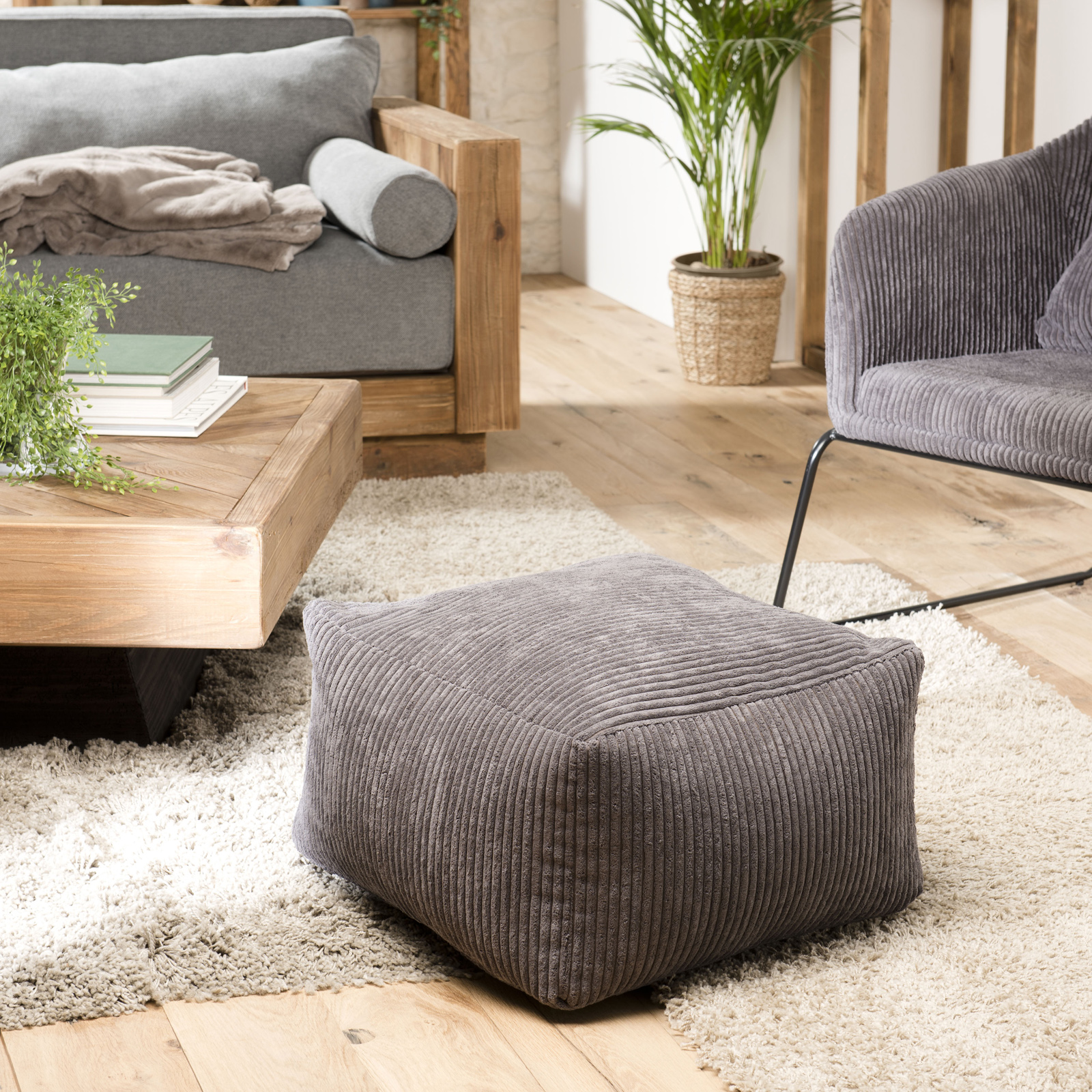 Pouf carré en velours côtelé gris anthracite TIM