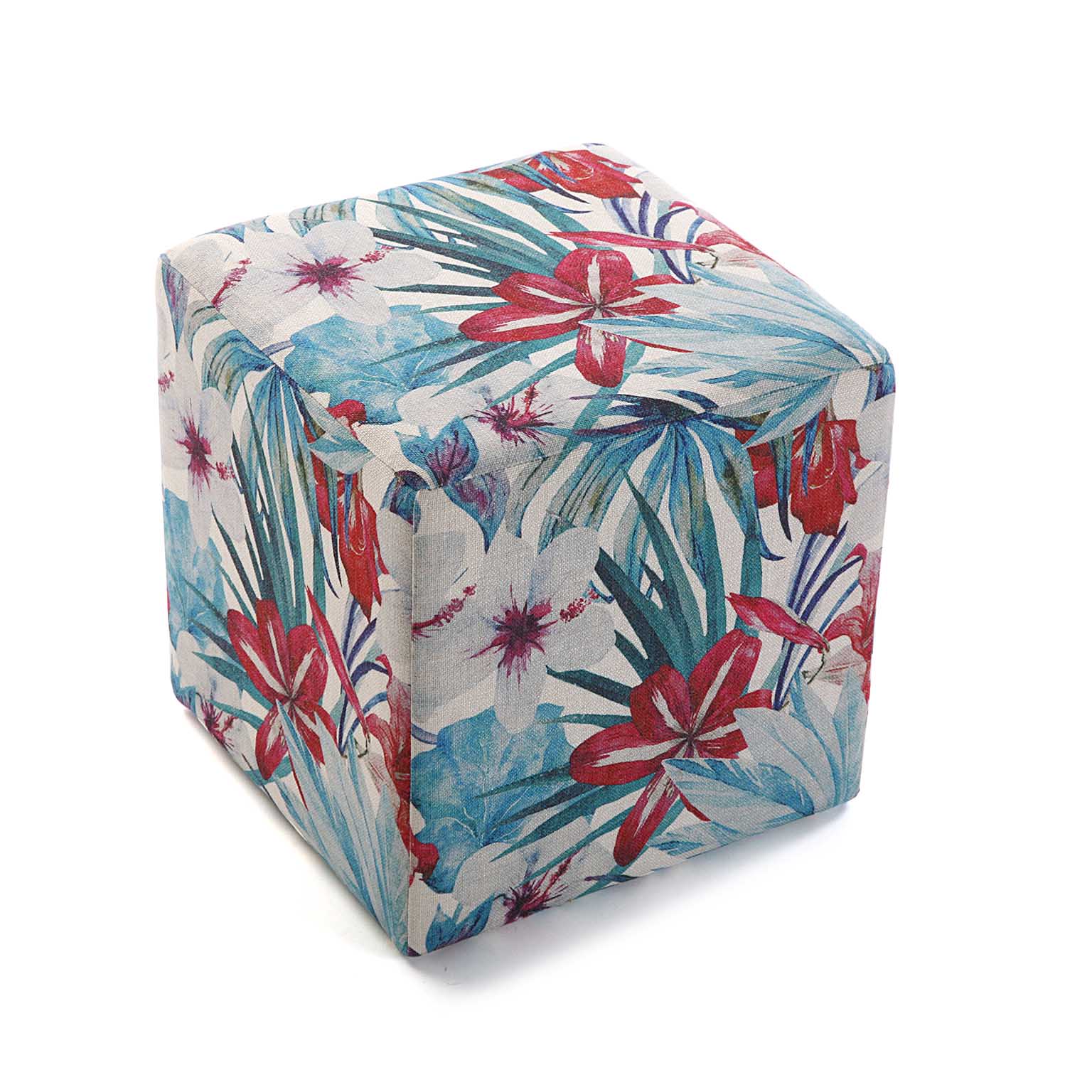 Pouf cube tropical motif feuilles et grandes fleurs rouges 35x35x35cm BORNEO