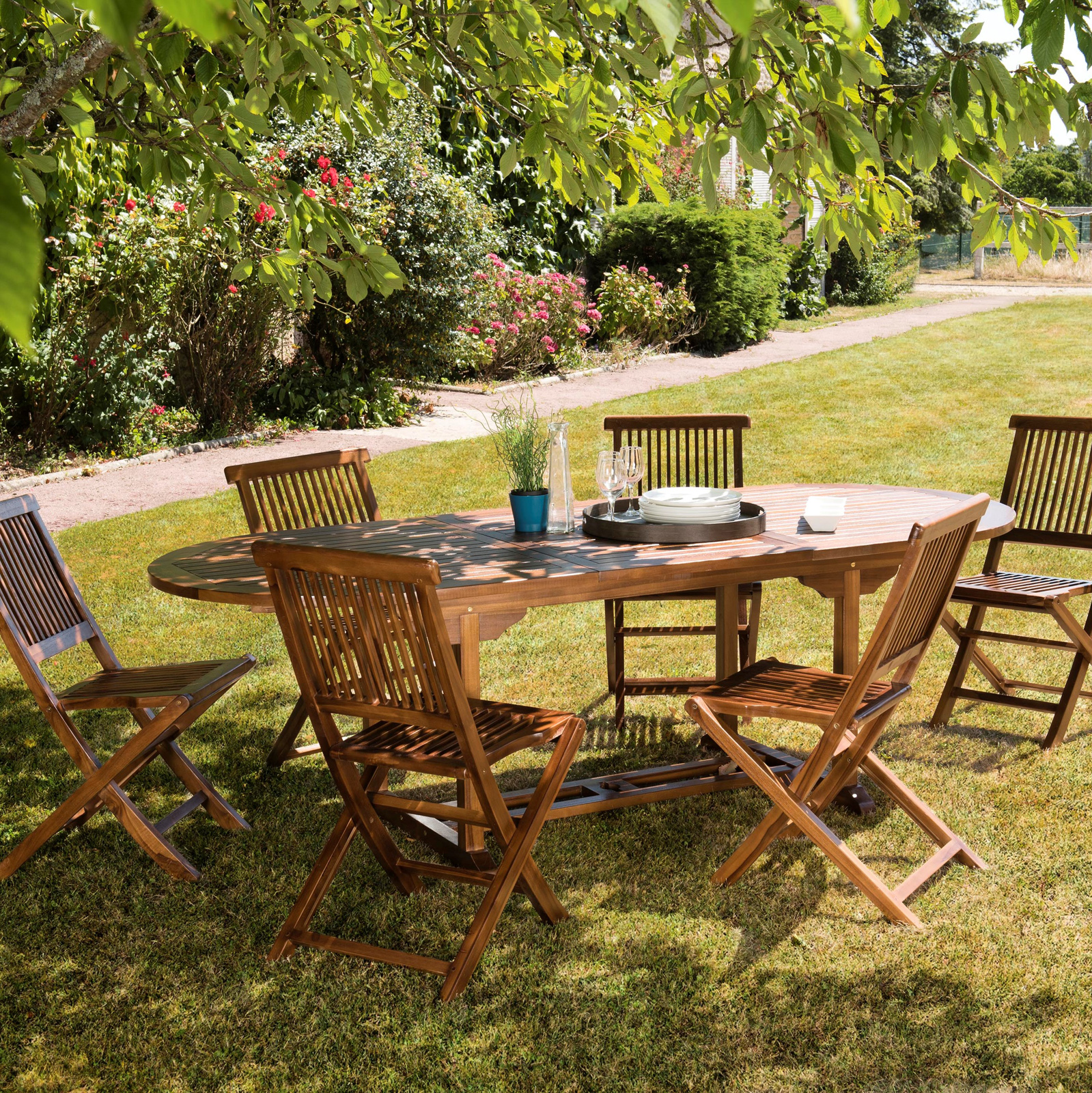 Salle à manger de jardin en teck massif table extensible SUMMER