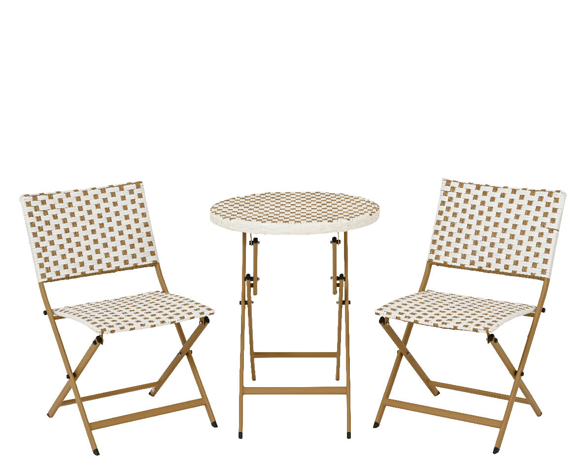 Salon de jardin table ronde + 2 chaises résine blanche tressée motifs beiges BISTROT