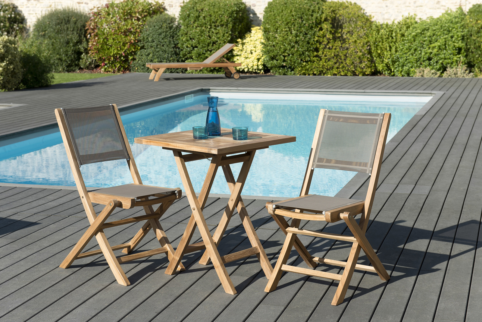 Salon de Jardin Teck Table carrée 60x60 + 2 chaises pliantes SUMMER ref. 30020849