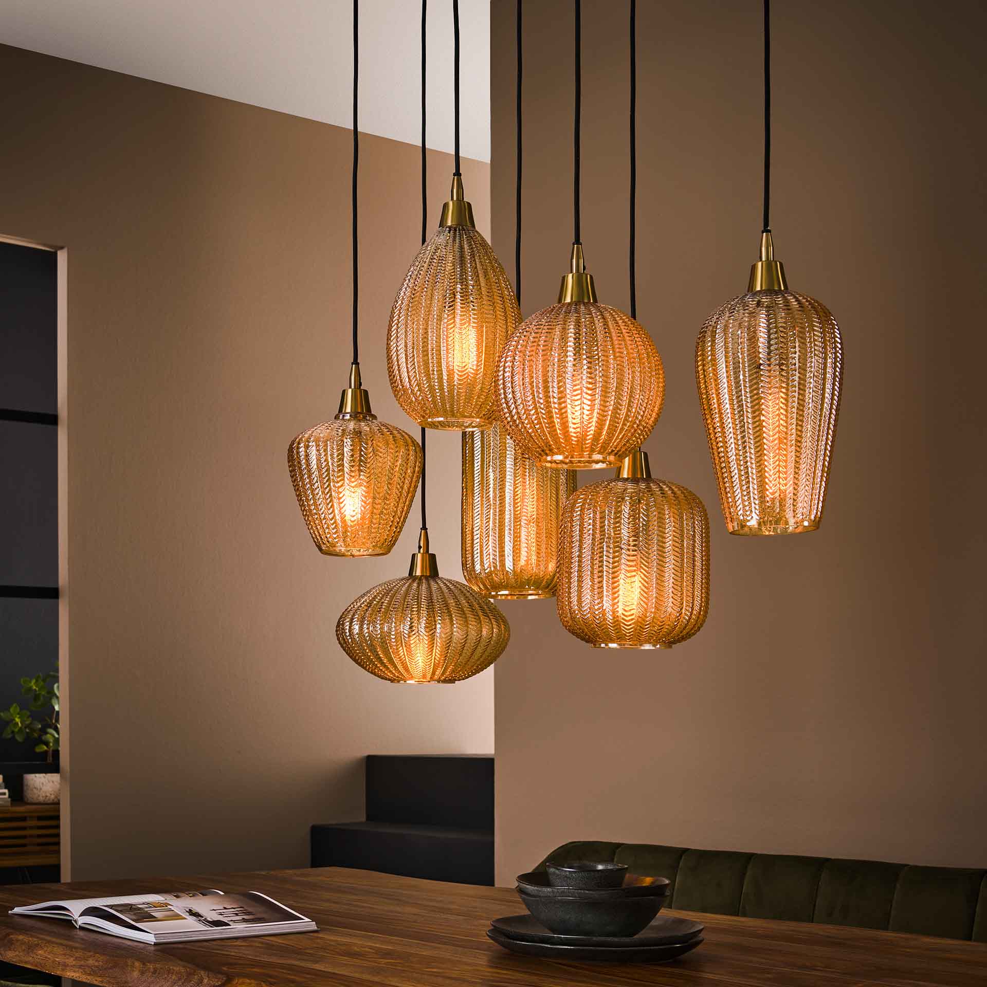 Suspension en verre ambré 7 lampes NOVA