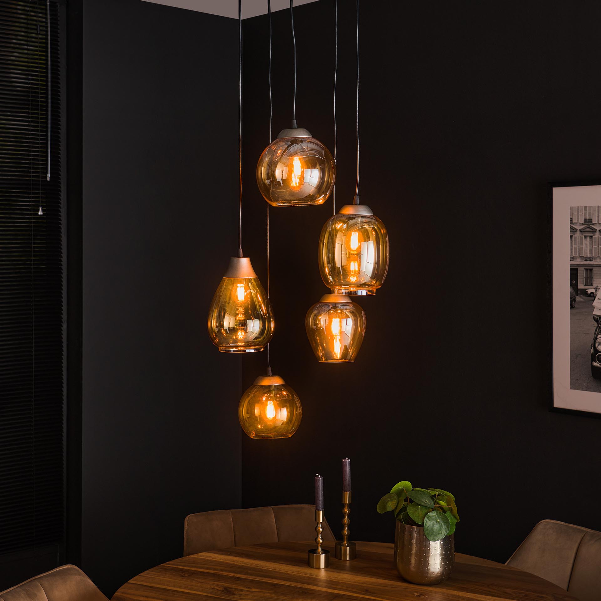 Suspension en verre ambré verticale avec ens. 5 abat-jour NOVA