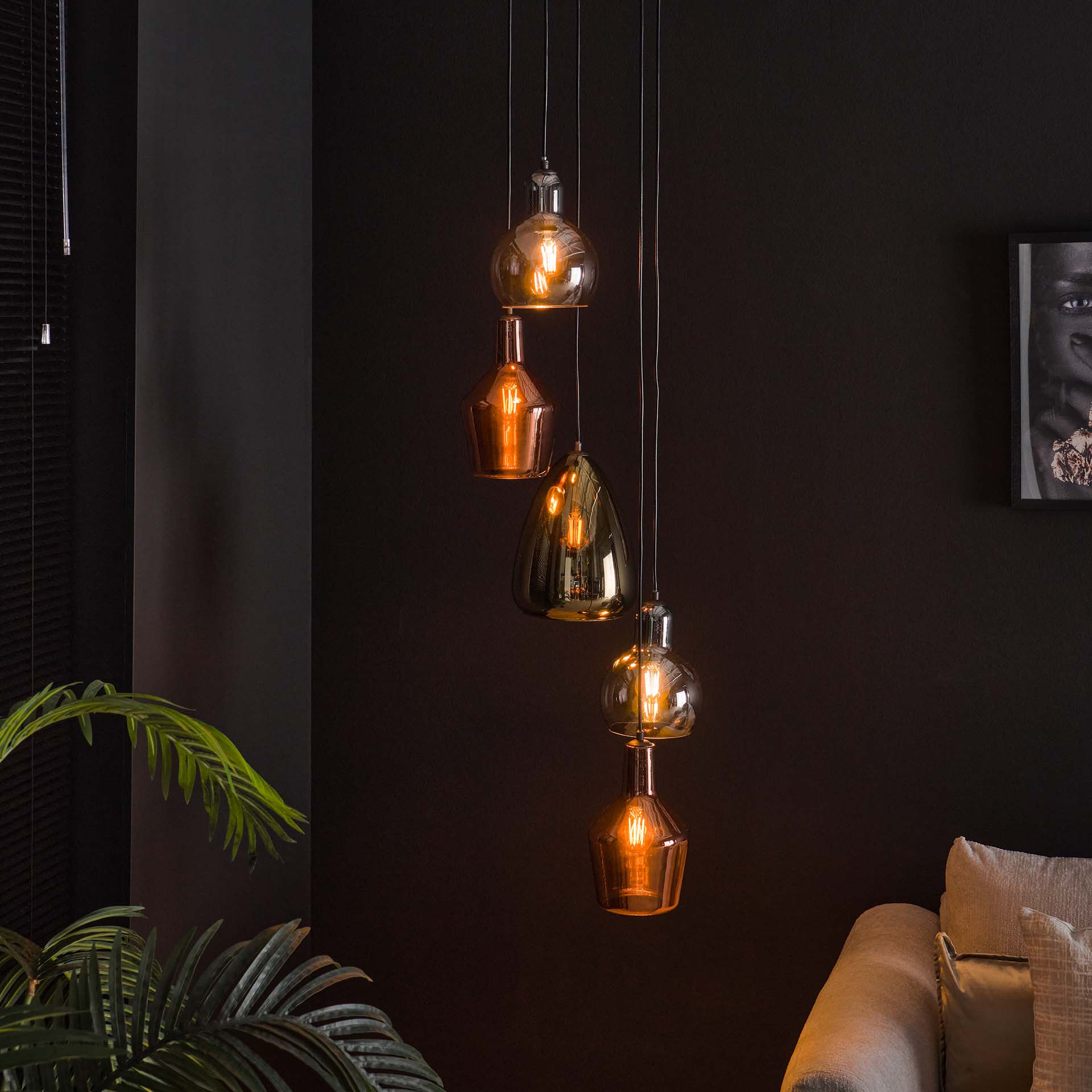 Suspension en verre coloré 5 lampes NOVA