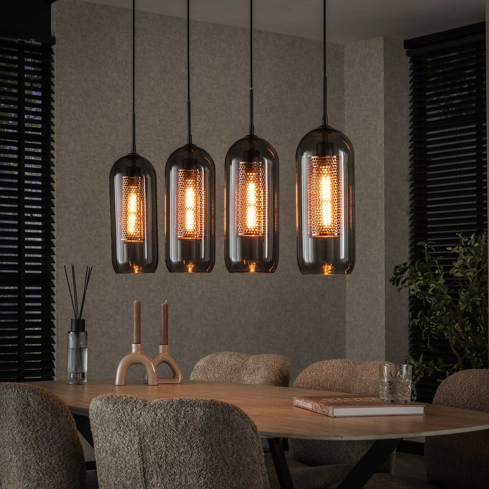 Suspension en verre fumé et métal cuivré 4 lampes horizontales NOVA