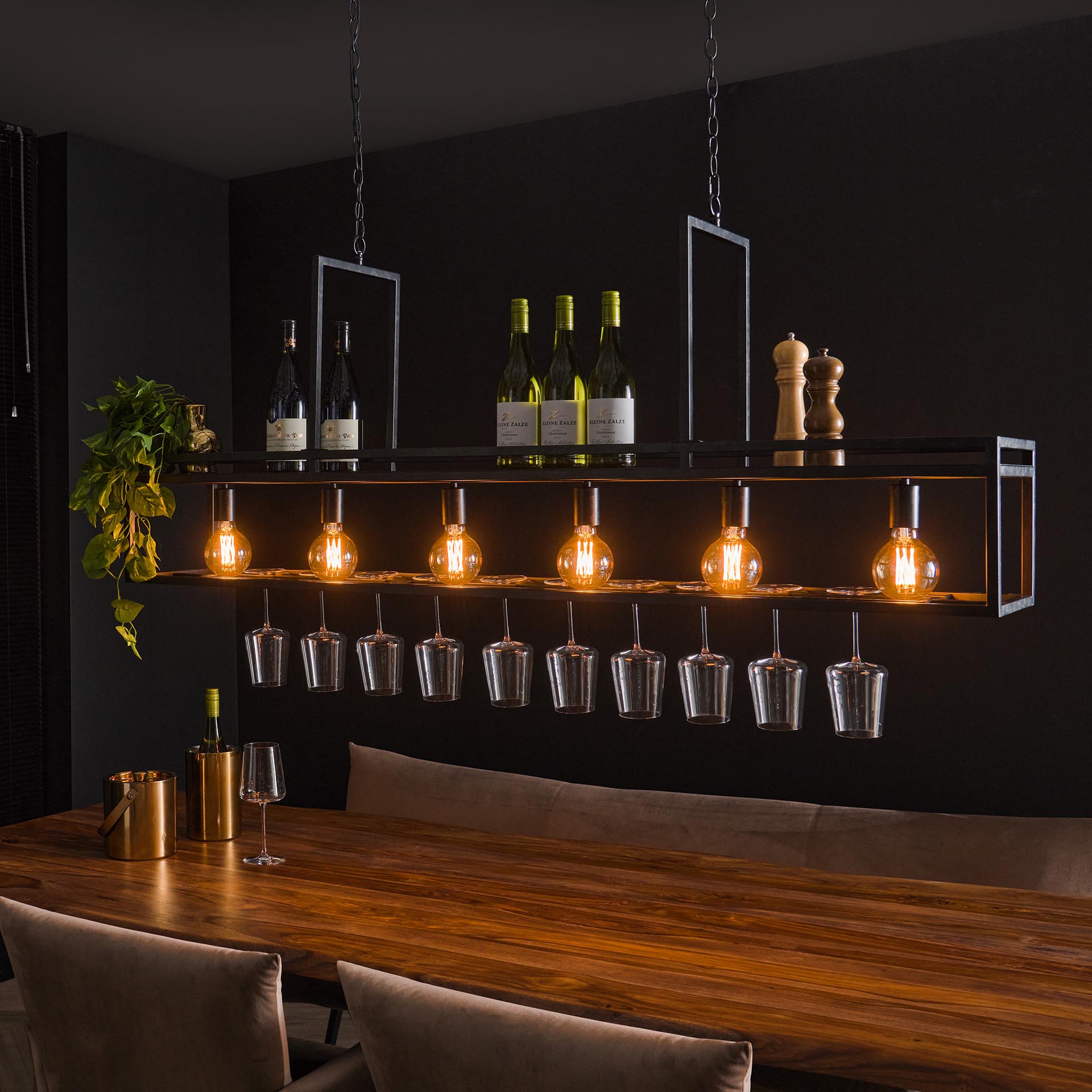Suspension îlot cuisine 6 lampes avec support verres à pied, finition charbon RALF