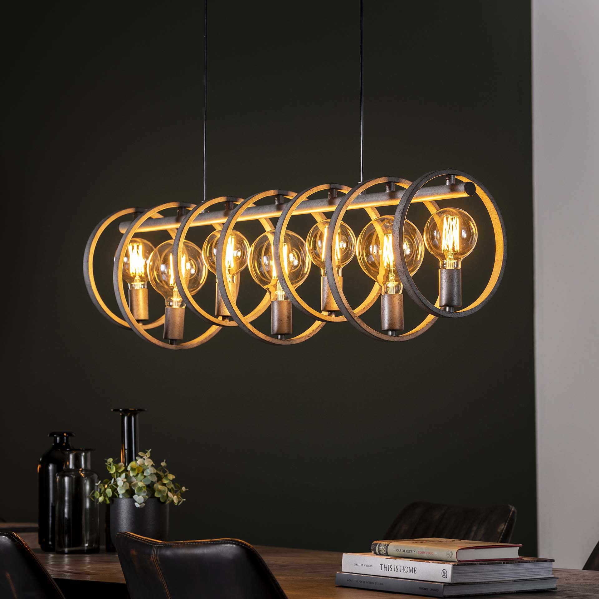 Suspension industrielle 7 lampes cercles finition argent vieilli RALF