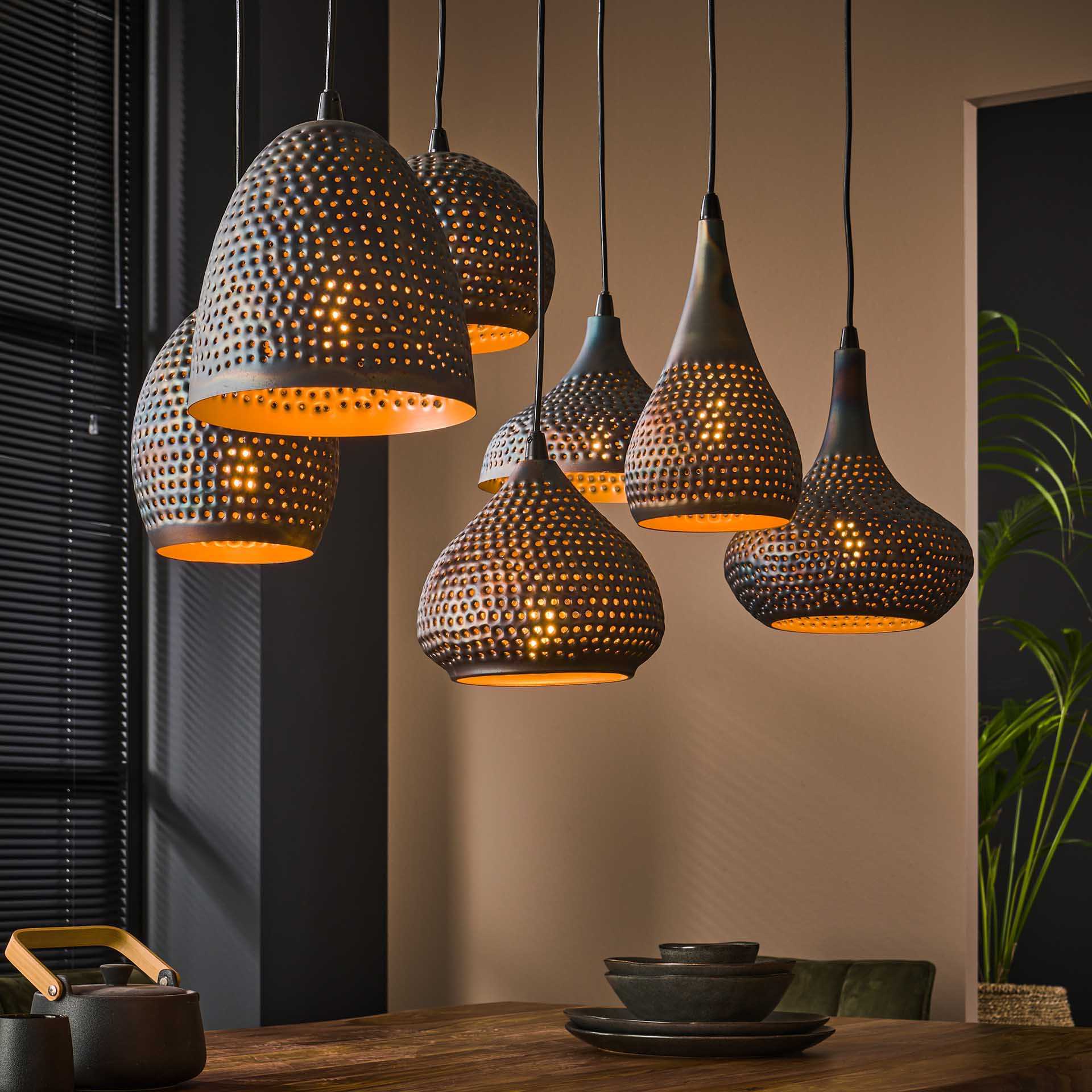 Suspension multiple 7 lampes en métal brun sombre JAVA