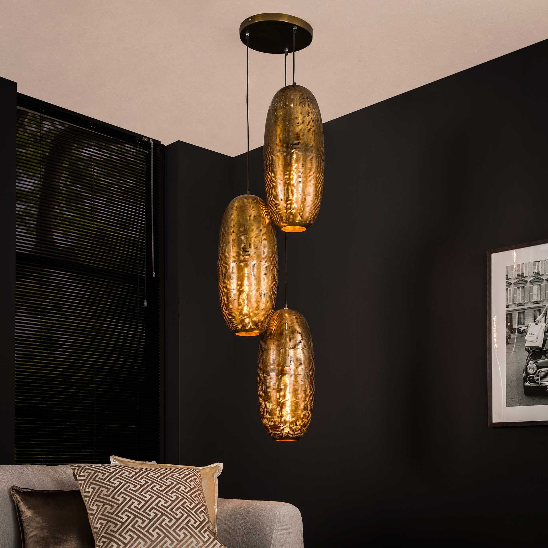 Suspension vintage 3 lampes cuivrées forme ellipse RALF