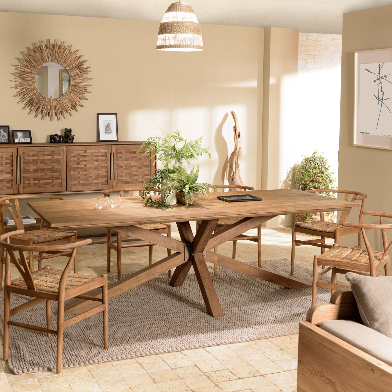 Table à manger 240 cm en teck recyclé massif pied mikado bois SWING