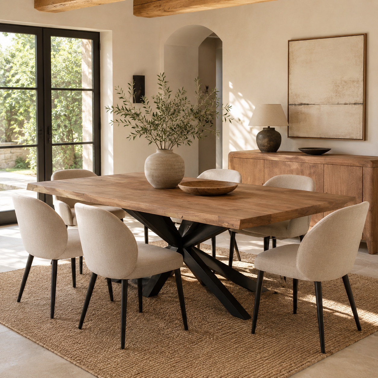Table à manger bois pied central bords naturels 200 cm KARGO