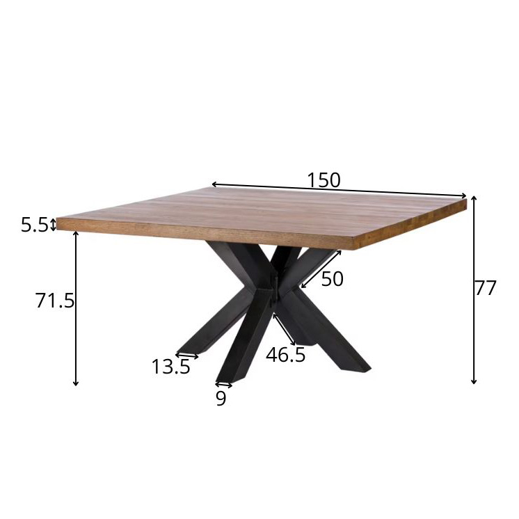 Table à manger carrée chêne métal pied croisé 150 cm OKA