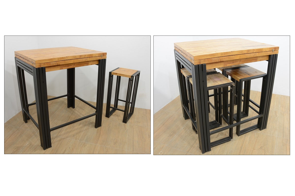 Table bar / Mange debout rectangle extensible hévéa recyclé naturel et métal noirci 90/180X80X105cm DOCKER