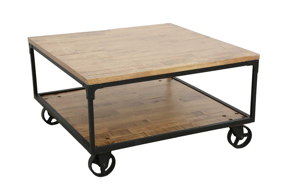 Table basse à roulettes double plateaux en Hévéa recyclé naturel et métal 90x90x47cm LOFT