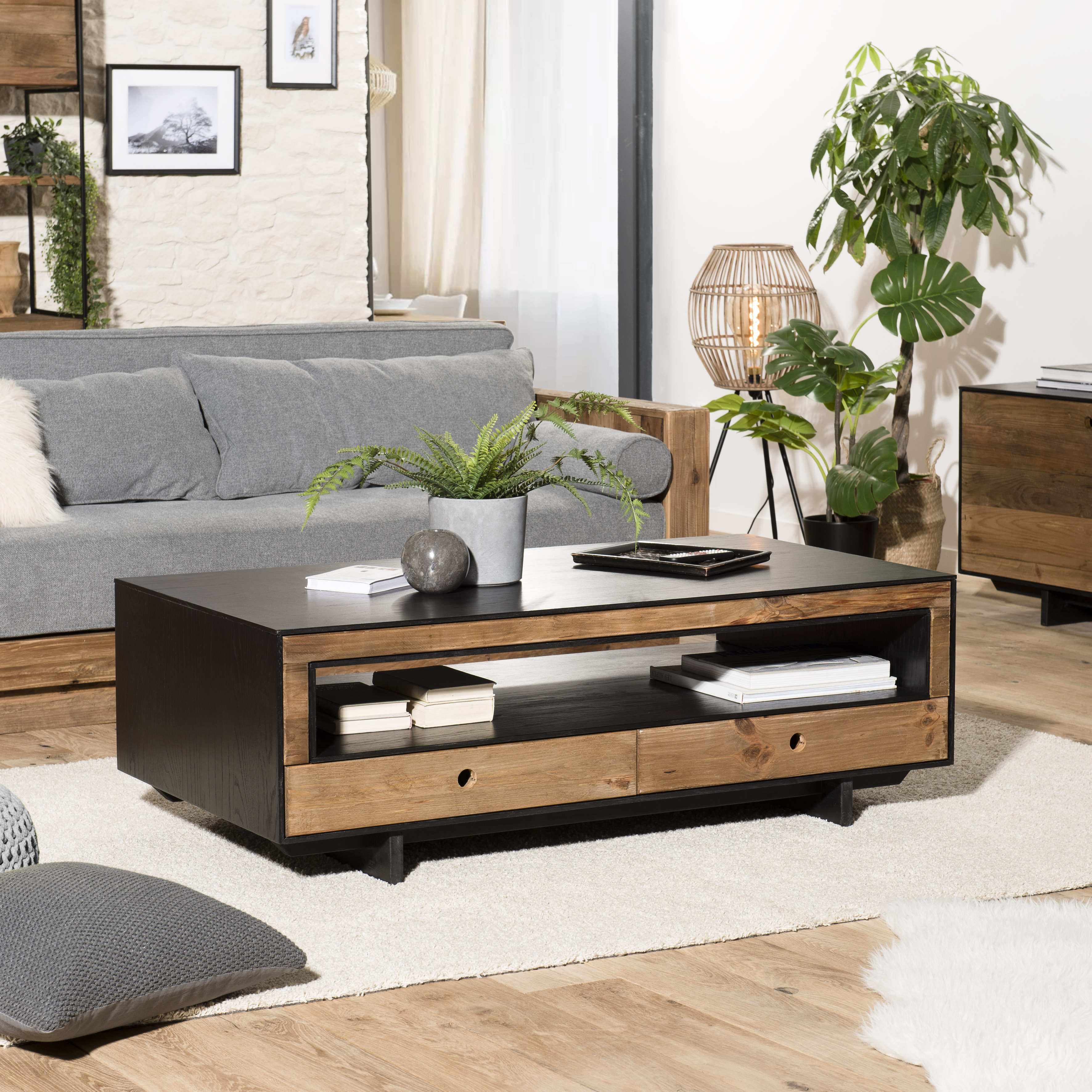Table basse avec rangement bois recyclé pin CRACOVIE