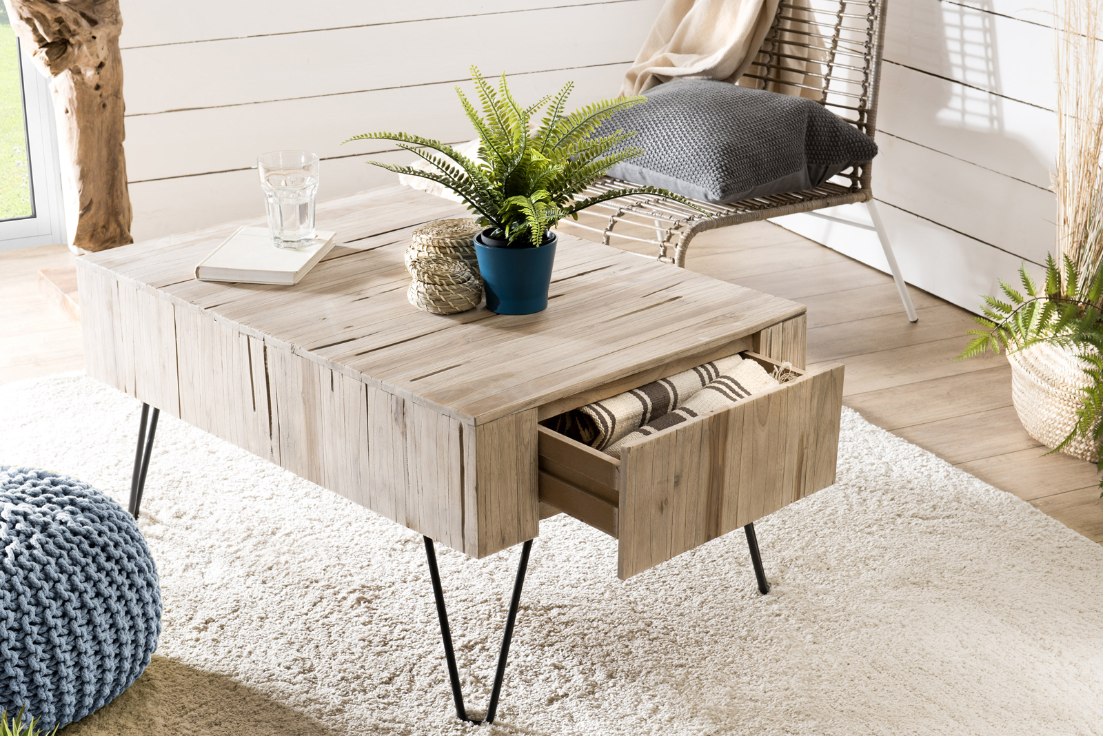 Table basse avec tiroirs teck pieds épingle 90x60 cm Jaipur