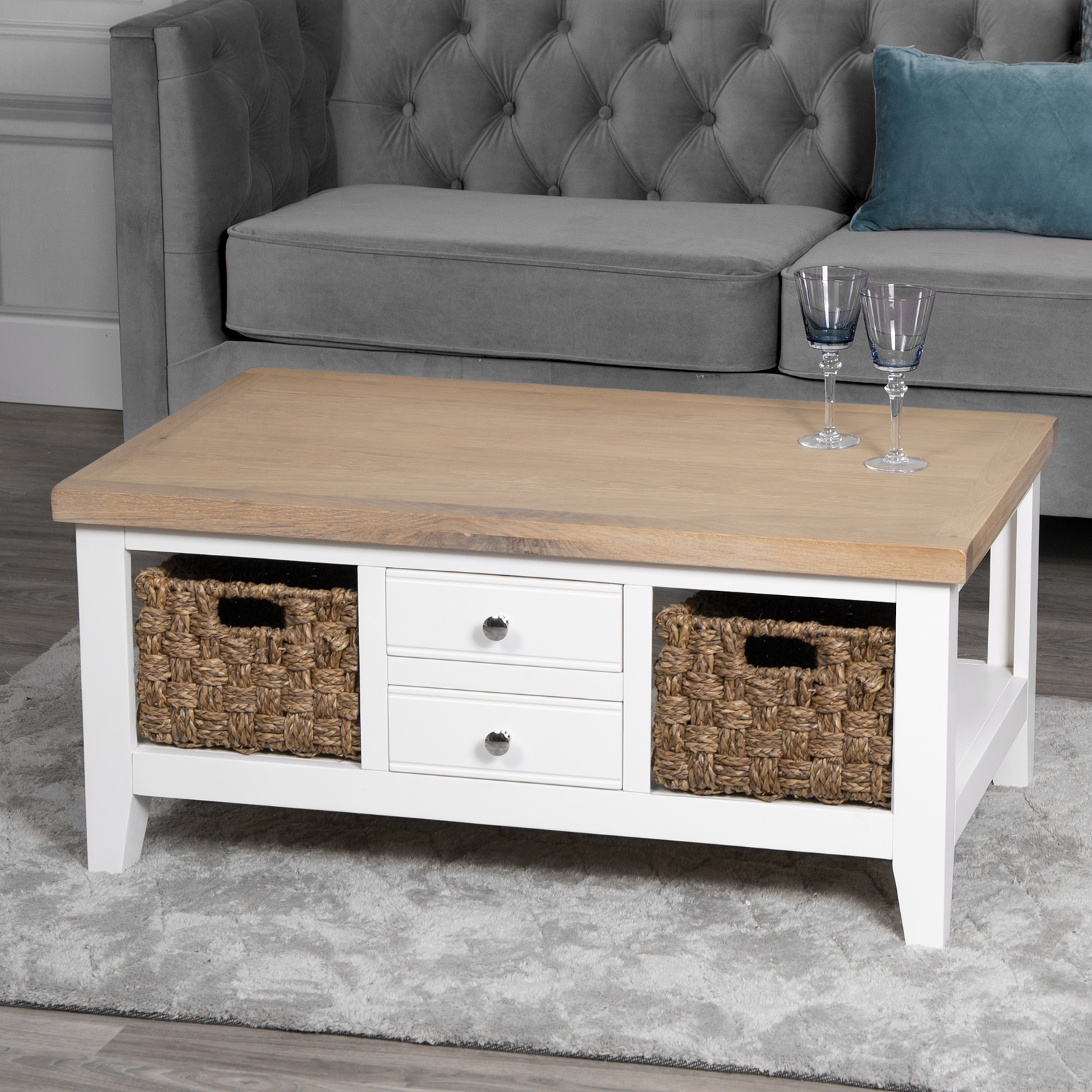 Table basse blanche avec paniers de rangement NAXOS