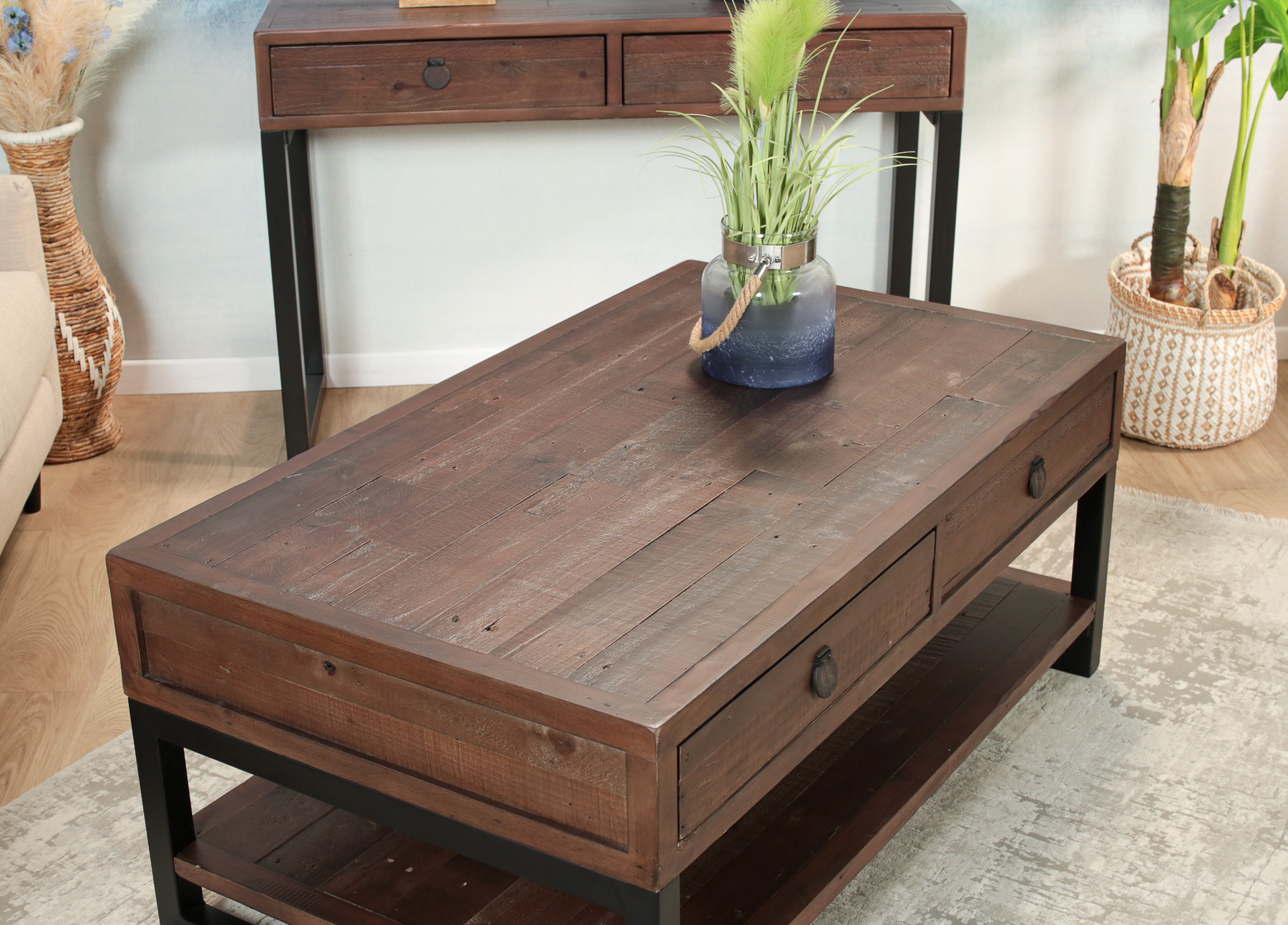 Table basse bois recyclé double plateau 2 tiroirs SAMOA