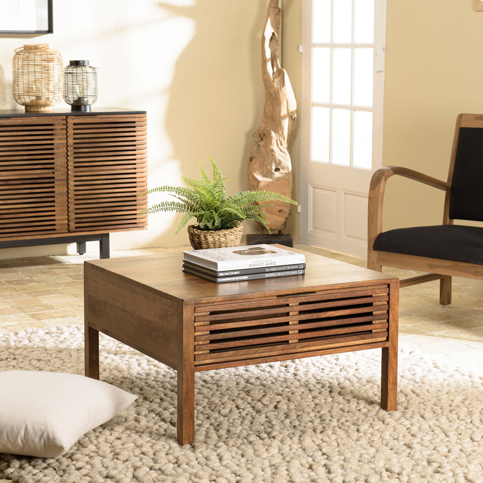 Table basse carrée 70x70 cm bois exotique 2 tiroirs opposés KANHA